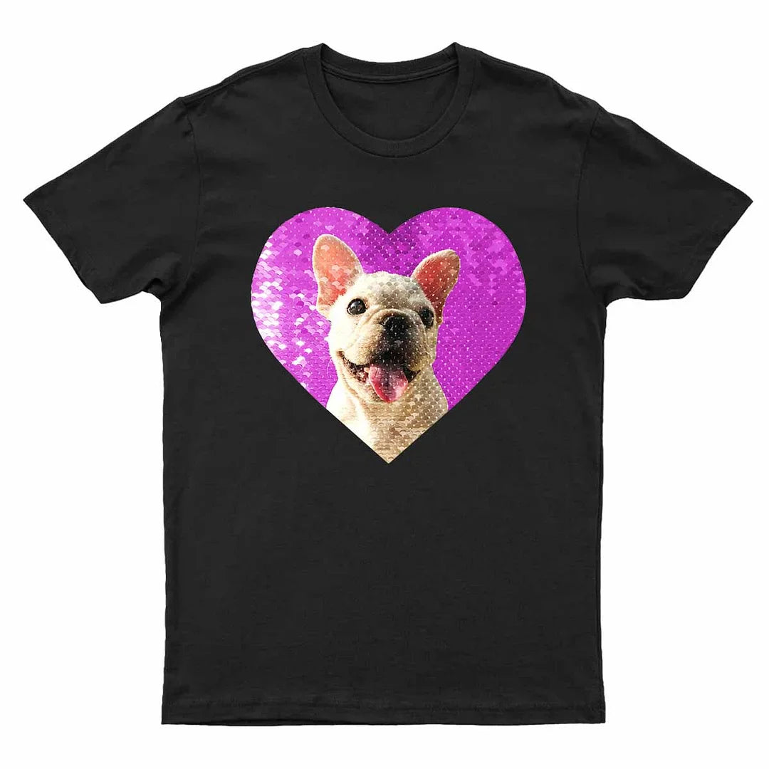 Maglietta personalizzata con paillettes reversibili e foto del tuo animale domestico