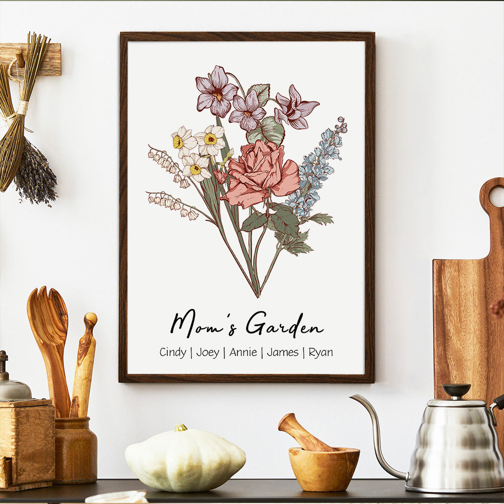 Cadre personnalisé avec noms, bouquet familial de fleurs de naissance, jardin de maman, jardin de grand-mère.