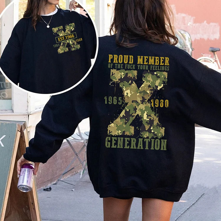 Generation X Camflauge Sweatshirt mit beidseitigem Aufdruck für das kundenspezifische Jahr