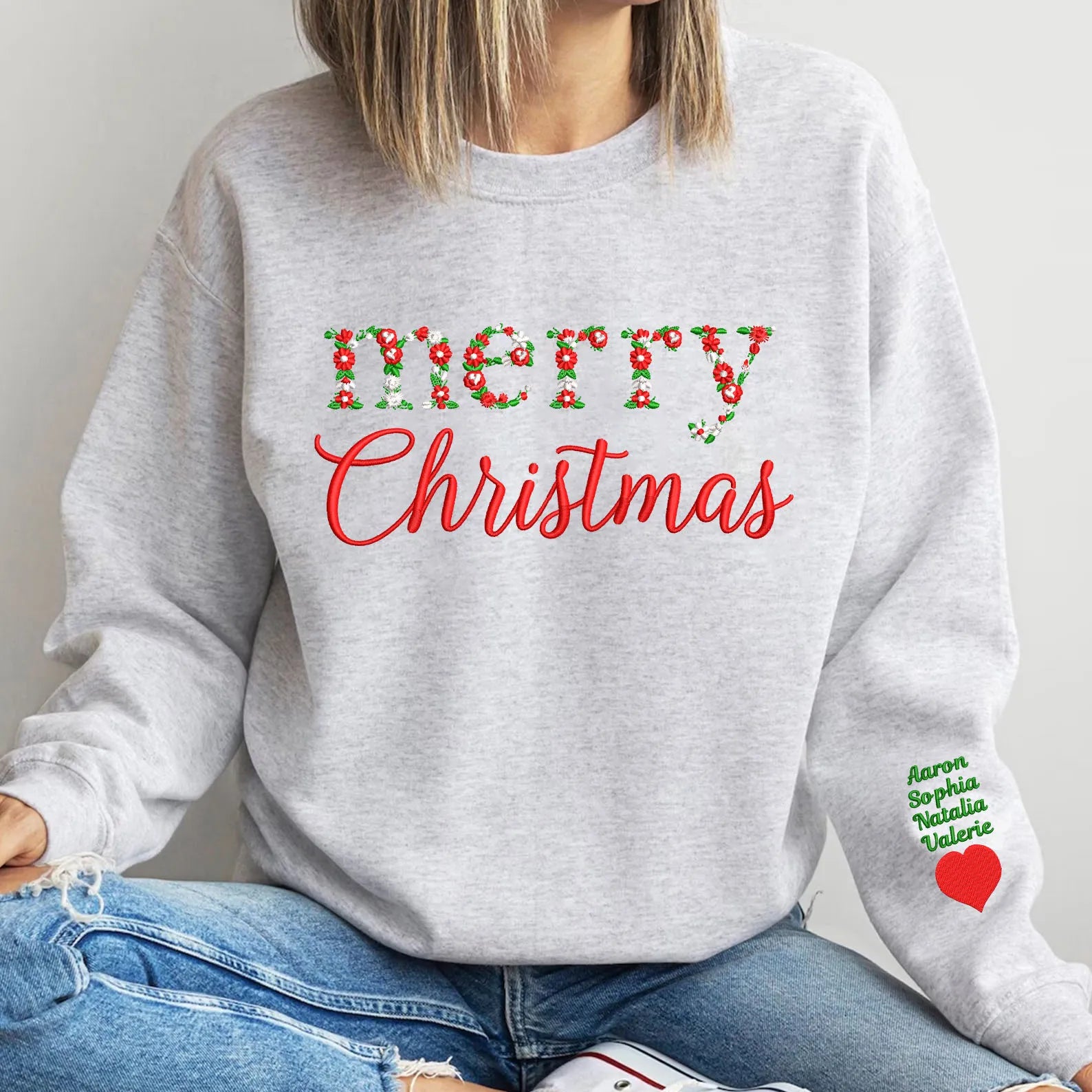 Felpa Ricamata con Motivo Floreale di Buon Natale
