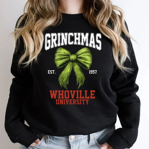 Grinchmas Bow Christmas Sweater, whoville university Merry Grinchmas Shirt