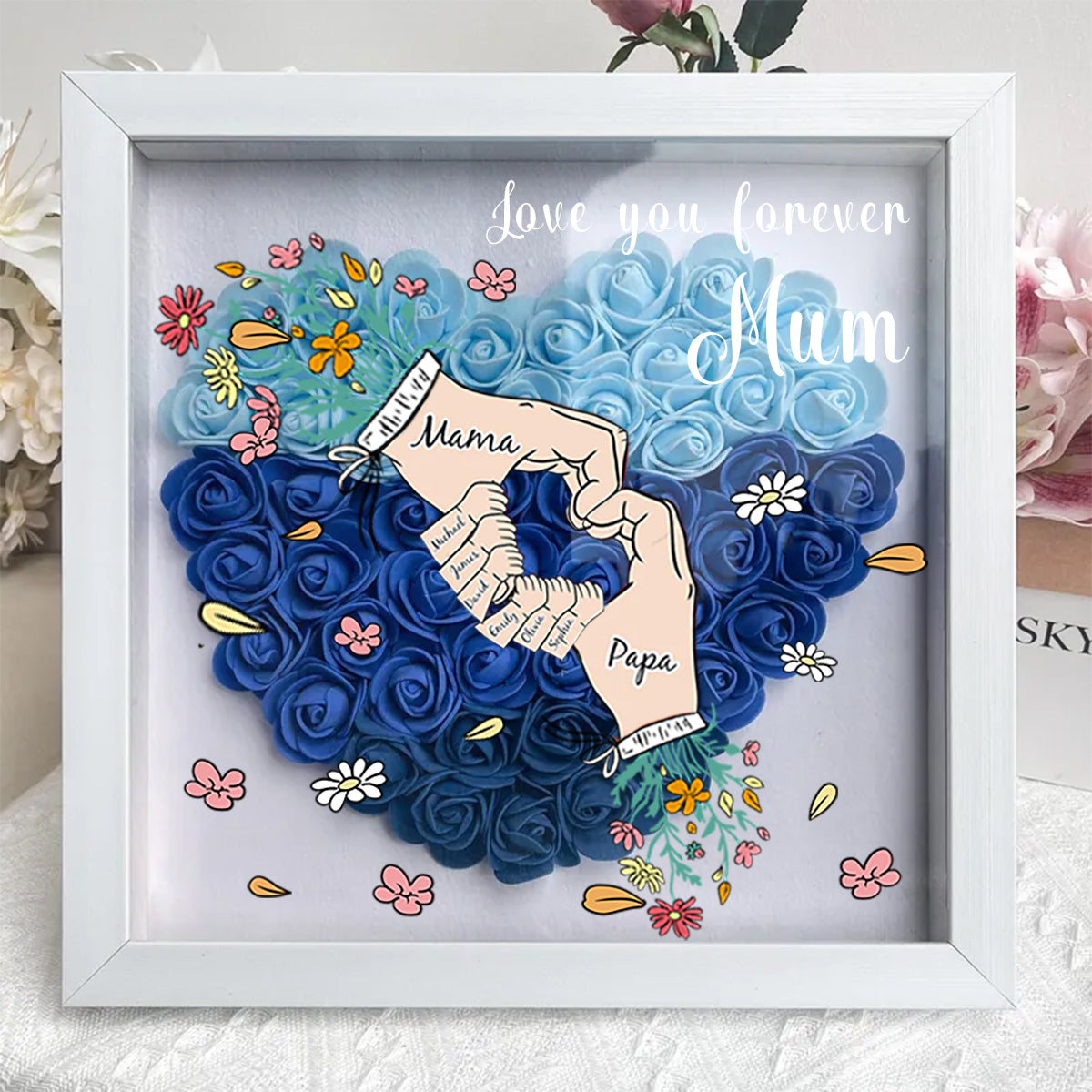 Ti amerò per sempre, Mamma e Papà – Scatola ombra personalizzata a forma di cuore con fiori per Mamma Papà Nonna Nonno
