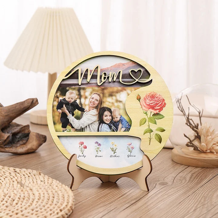 Plaque en bois photo personnalisée Fleurs de naissance personnalisées & Noms Panneau en bois avec support Cadeaux pour maman