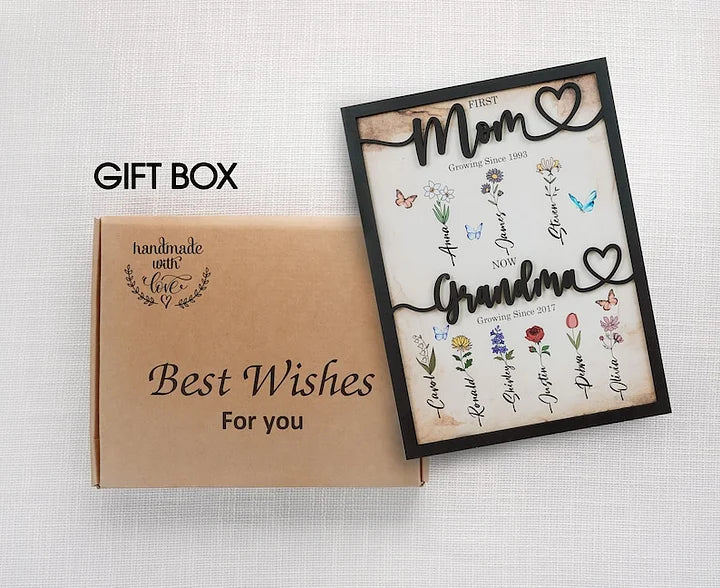 Première Maman Maintenant Grand-mère - Cadre en Bois Personnalisé avec Fleurs du Mois de Naissance