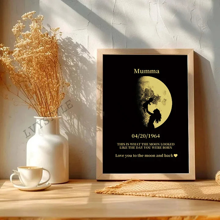 Geschenk zum Tag Deiner Geburt – Personalisiertes Wandkunst-Geschenk mit Mondphasen – Muttertagsgeschenk 