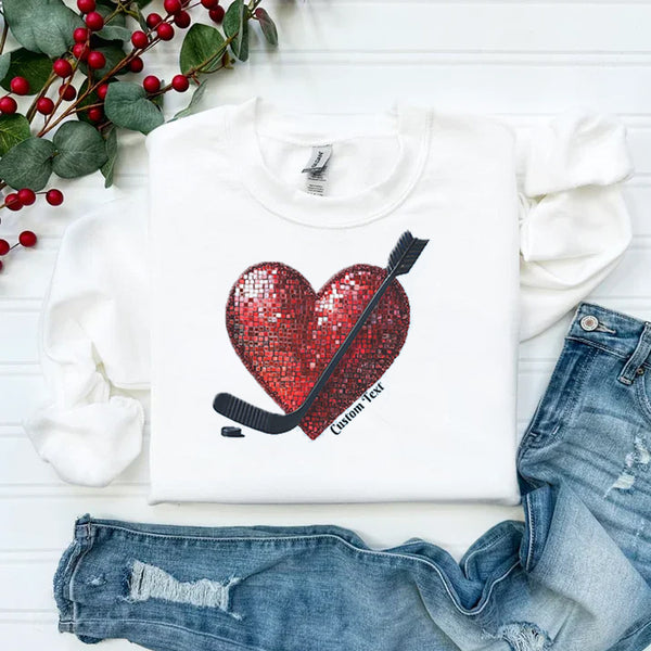 Hockey Valentine Sweatshirt FAKE Glitter Red Heart Sweatshirt Custom Ice Hockey Sweatshirt Cute Valentine Mom Sweatshirt Hockey Rink Mom