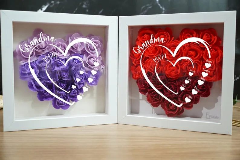 Personalisierte Blumen-Schattenbox, benutzerdefinierter Name und Text, Herz-Rosenrahmen, Dekorationen, Muttertagsgeschenk für sie, Geschenk für Oma, Nanny, Mimi