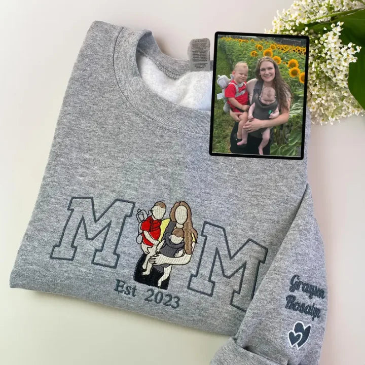 Felpa Mom/Mum con Foto, Felpa con Cappuccio Ricamata Personalizzata Ritratto di Mama e Bambini, Regalo per Mom Mum Mama Mommy