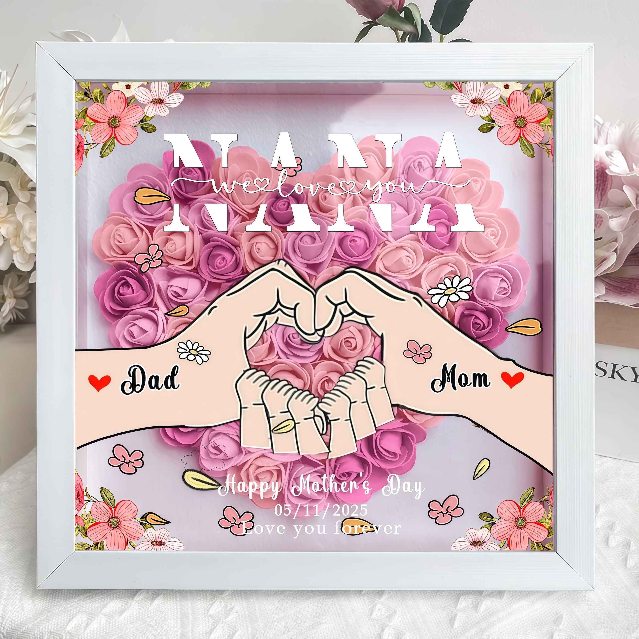 Mum We Love You - Personalized Heart-Shaped Flower Shadow Box, for Mom and Dad, Grandma and Grandpa, Mother's Day gift