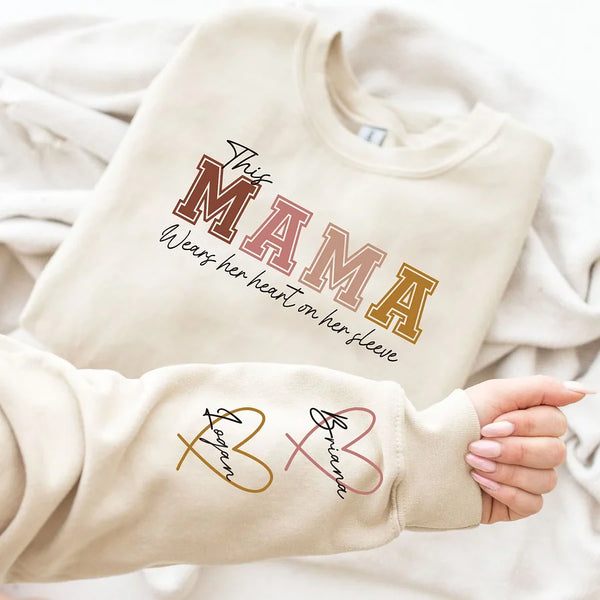 Custom Wear Heart On Sleeve Sweatshirt For Mom And Grandma - Mother's Day Gift
