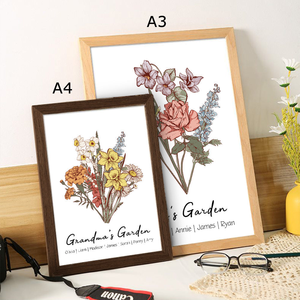 Cadre personnalisé avec noms, bouquet familial de fleurs de naissance, jardin de maman, jardin de grand-mère.