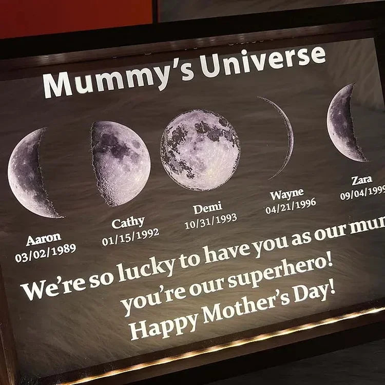 Marco de luz LED con texto y fecha - Mum's Universe