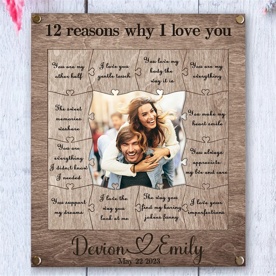 12 Motivi Per Cui Ti Amo - Cornice Collage Personalizzata Con Pezzi Di Puzzle In Legno