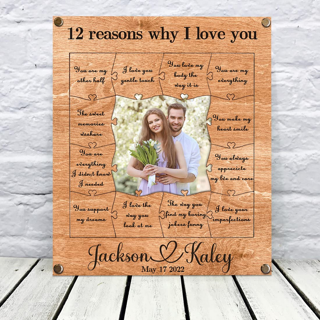 12 Motivi Per Cui Ti Amo - Cornice Collage Personalizzata Con Pezzi Di Puzzle In Legno