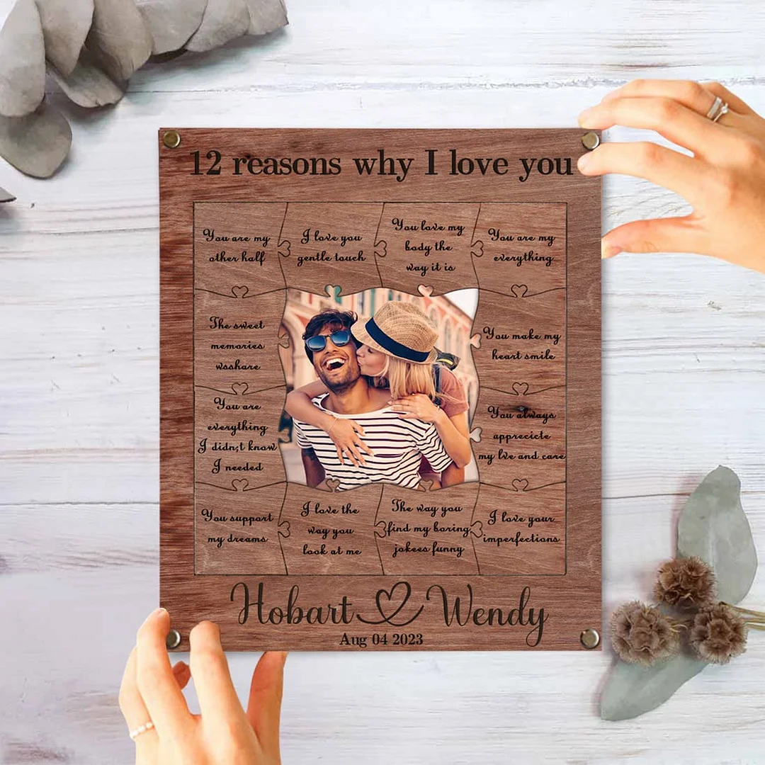 12 Motivi Per Cui Ti Amo - Cornice Collage Personalizzata Con Pezzi Di Puzzle In Legno