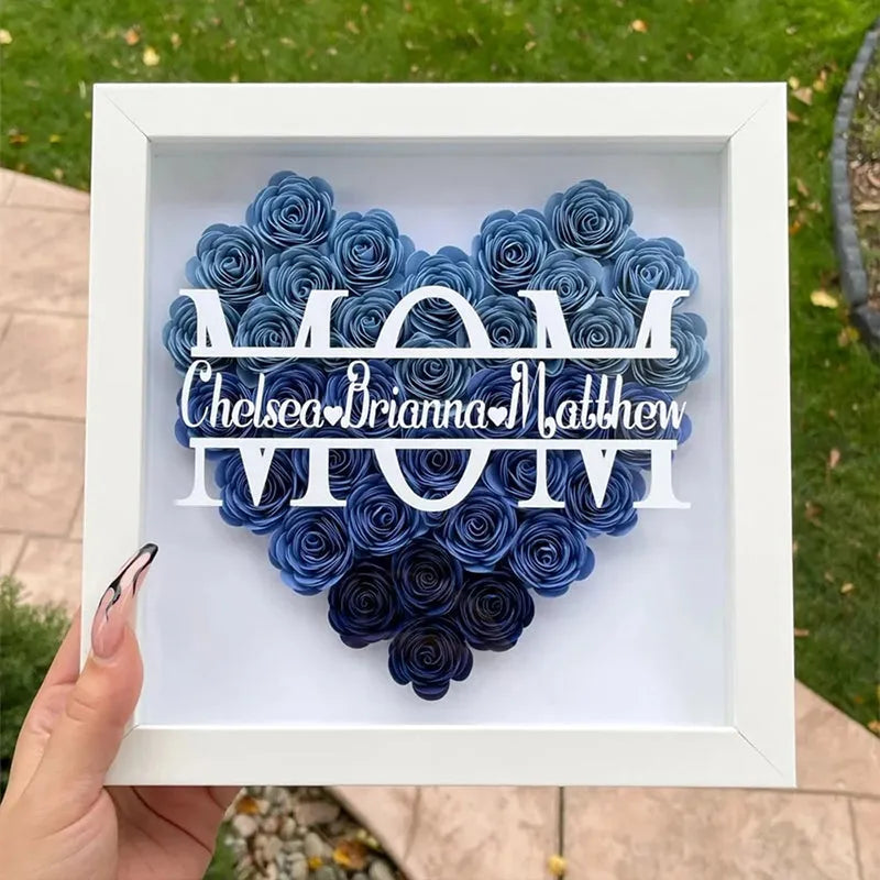 Personalisierte Blumenherz-Schatten-Blumenbox für Mama - Benutzerdefinierter Name Rosenrahmen