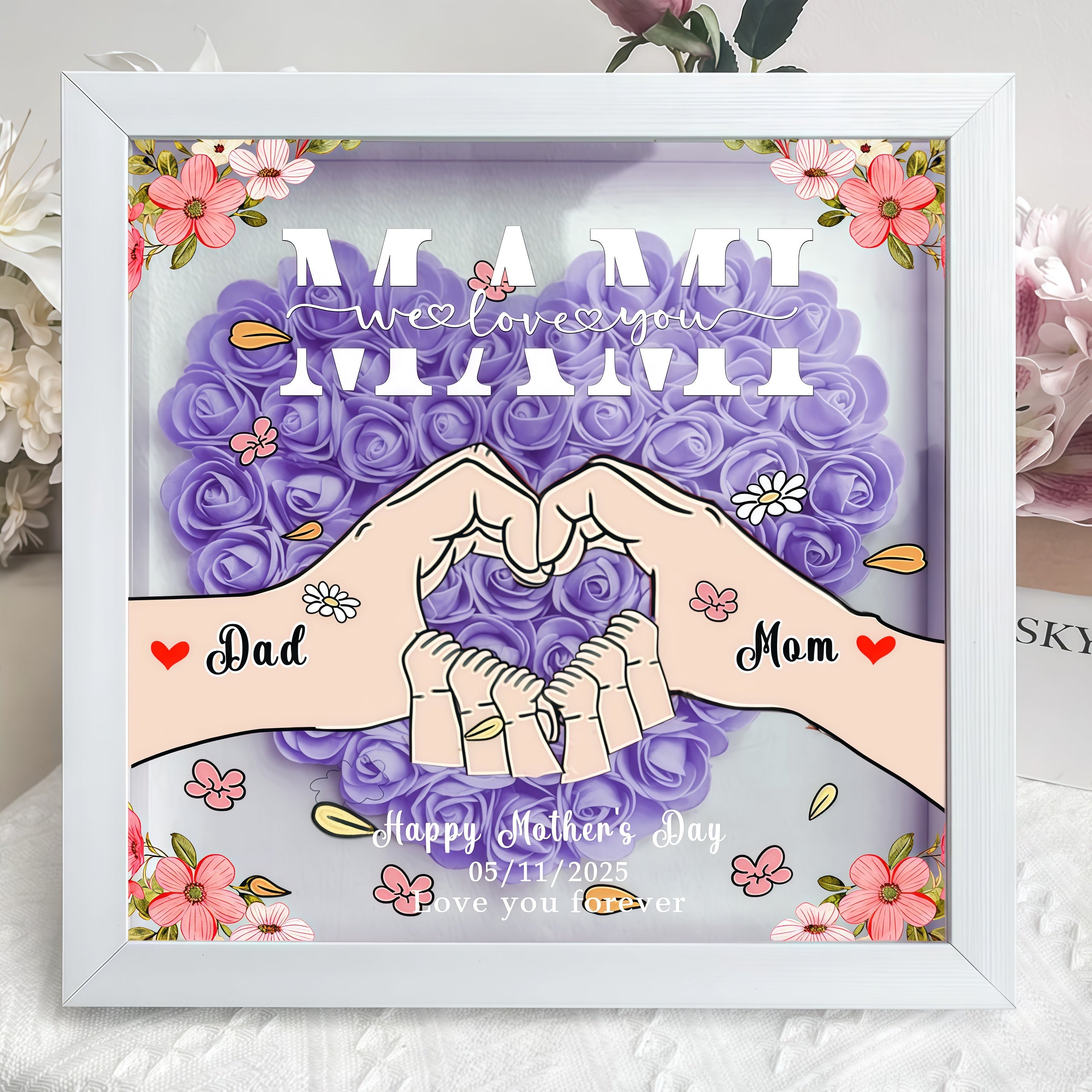 Mum We Love You - Personalized Heart-Shaped Flower Shadow Box, for Mom and Dad, Grandma and Grandpa, Mother's Day gift