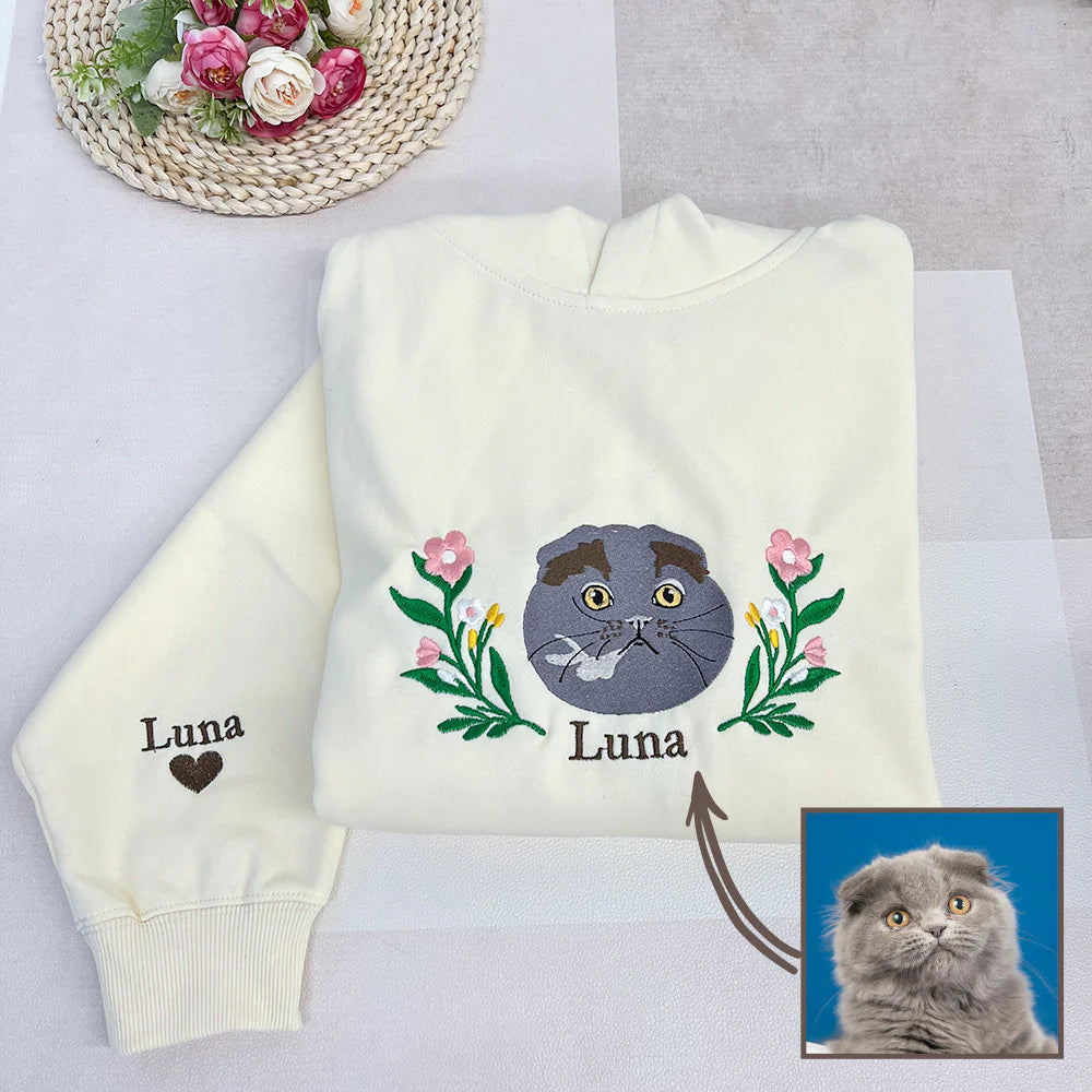 Sweat à capuche/sweat-shirt brodé personnalisé avec portrait d'animal de compagnie et fleur