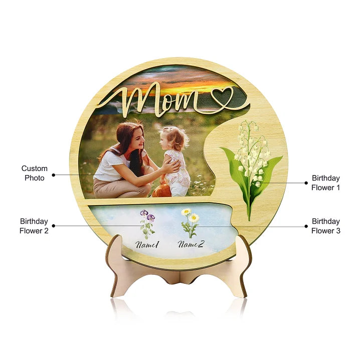Plaque en bois photo personnalisée Fleurs de naissance personnalisées & Noms Panneau en bois avec support Cadeaux pour maman