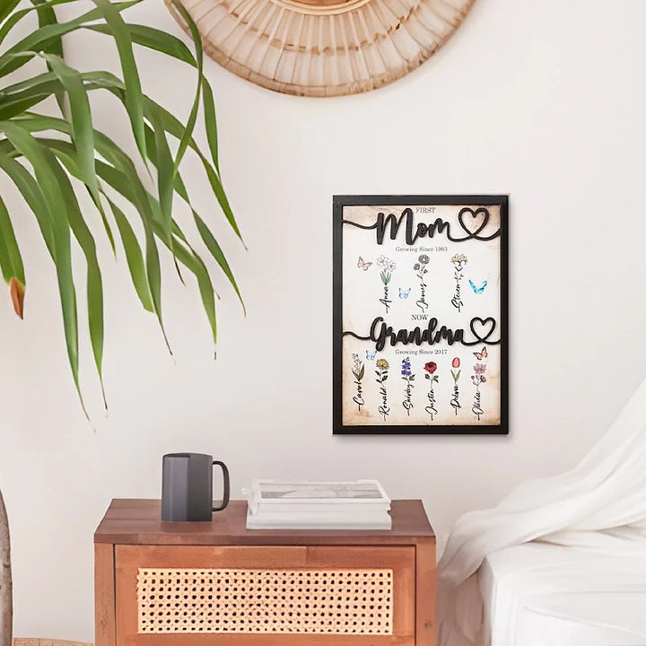 Première Maman Maintenant Grand-mère - Cadre en Bois Personnalisé avec Fleurs du Mois de Naissance