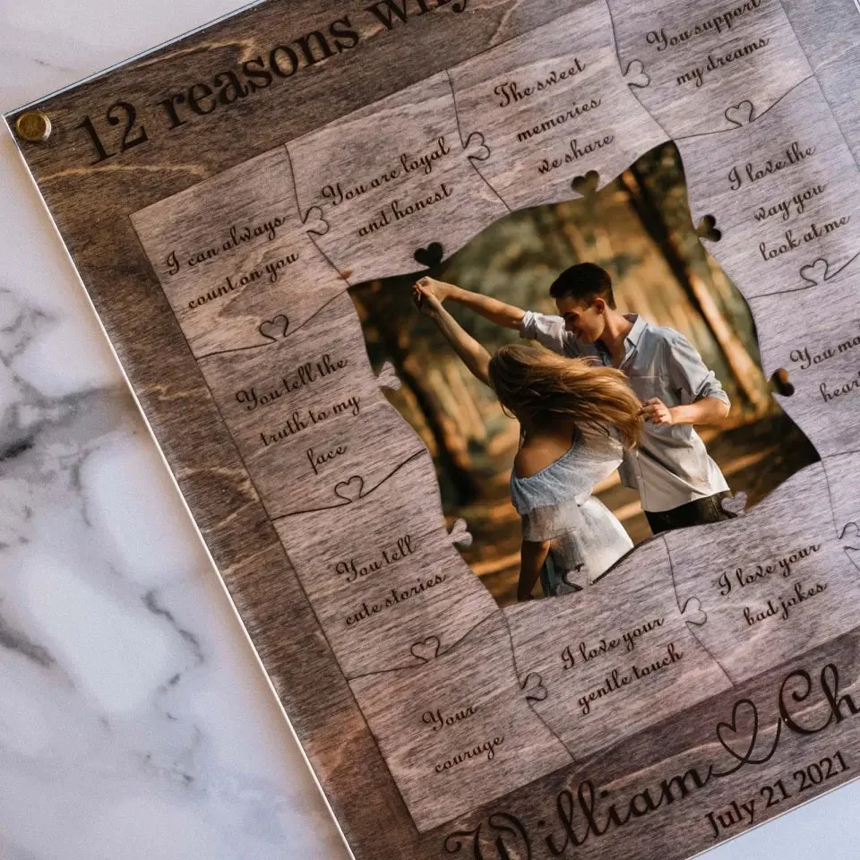 12 Motivi Per Cui Ti Amo - Cornice Collage Personalizzata Con Pezzi Di Puzzle In Legno