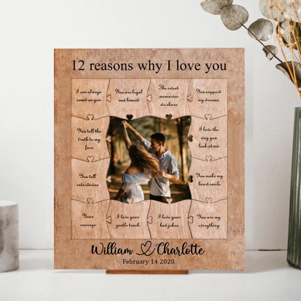 12 Motivi Per Cui Ti Amo - Cornice Collage Personalizzata Con Pezzi Di Puzzle In Legno