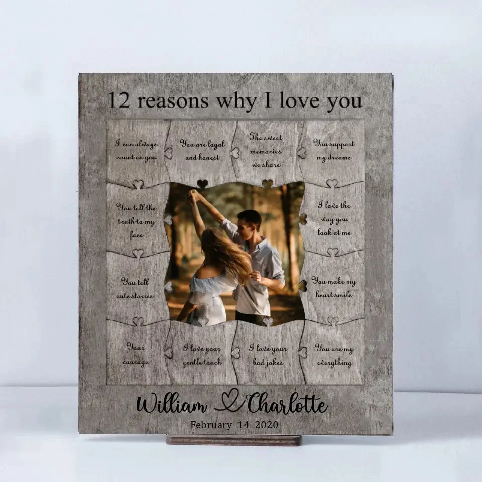 12 Motivi Per Cui Ti Amo - Cornice Collage Personalizzata Con Pezzi Di Puzzle In Legno