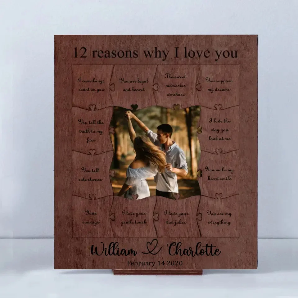 12 Motivi Per Cui Ti Amo - Cornice Collage Personalizzata Con Pezzi Di Puzzle In Legno