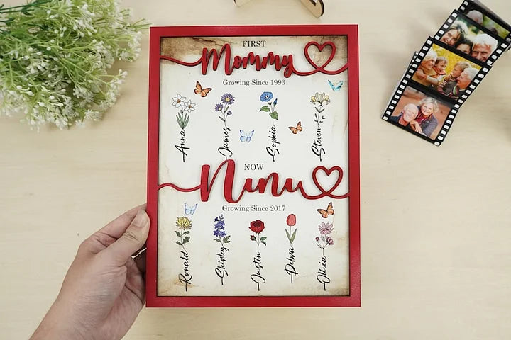 Première Maman Maintenant Grand-mère - Cadre en Bois Personnalisé avec Fleurs du Mois de Naissance