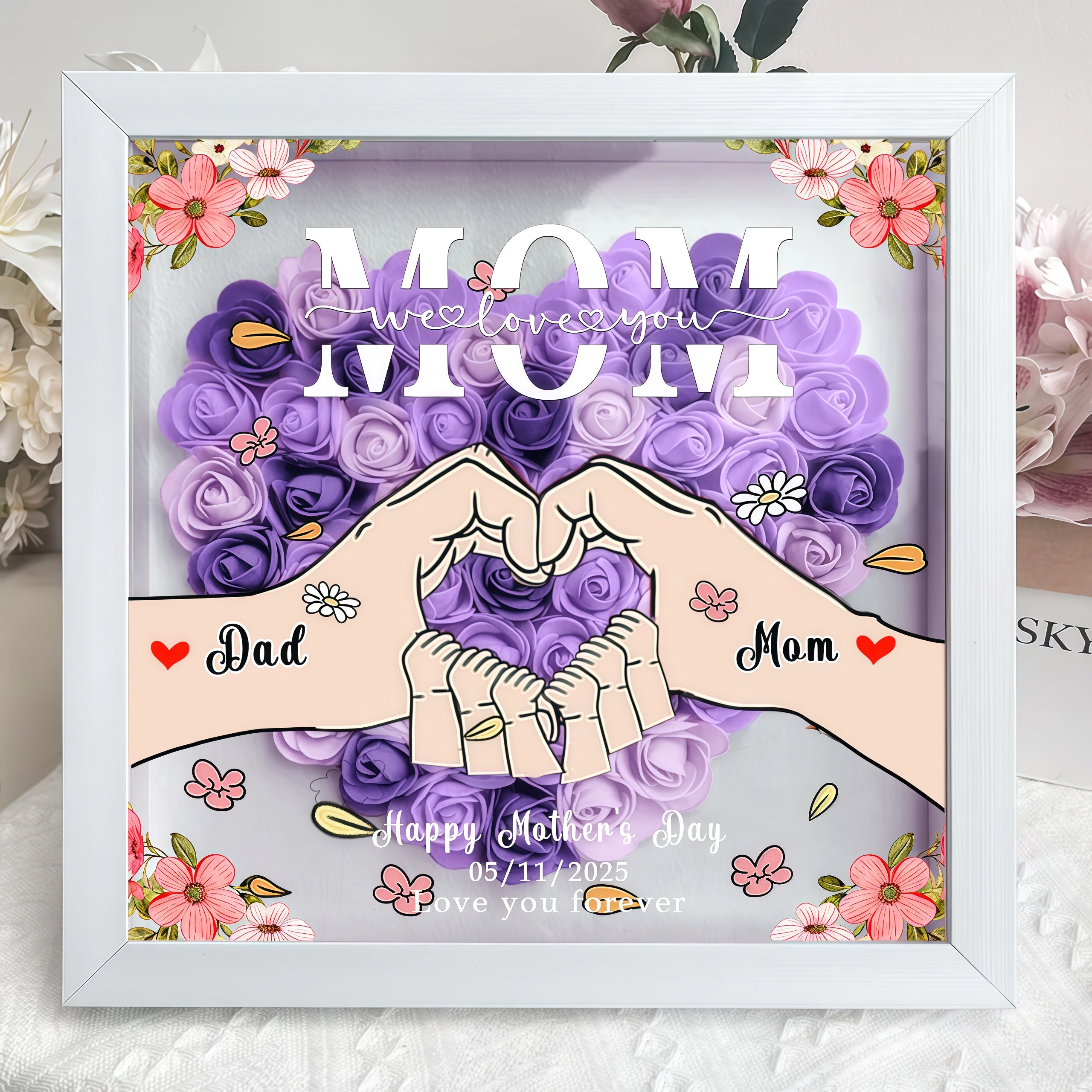 Mum We Love You - Personalized Heart-Shaped Flower Shadow Box, for Mom and Dad, Grandma and Grandpa, Mother's Day gift