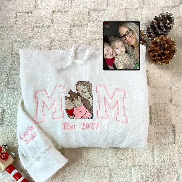 Felpa Mom/Mum con Foto, Felpa con Cappuccio Ricamata Personalizzata Ritratto di Mama e Bambini, Regalo per Mom Mum Mama Mommy