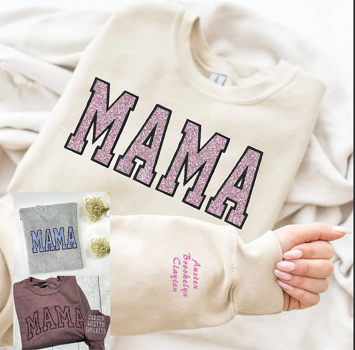 Personalisiertes, besticktes MAMA-Sweatshirt aus Glitzer-Vinyl mit Design am Ärmel – Geschenk für Mama