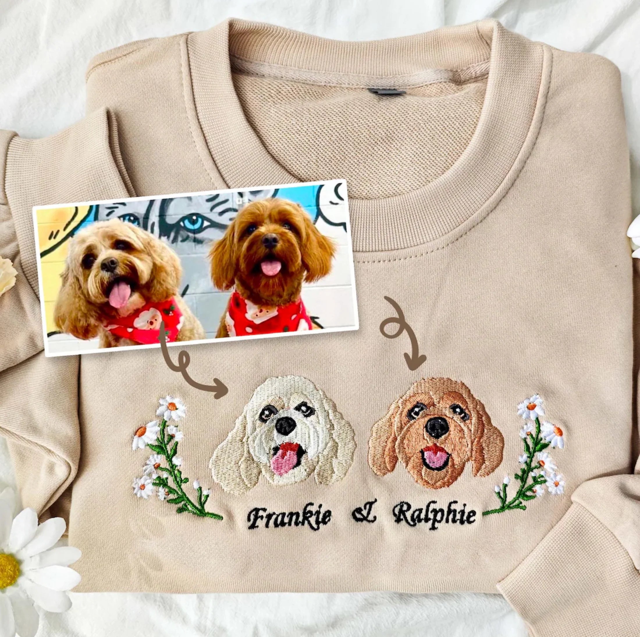Sweat à capuche/sweat-shirt brodé personnalisé avec portrait d'animal de compagnie et fleur