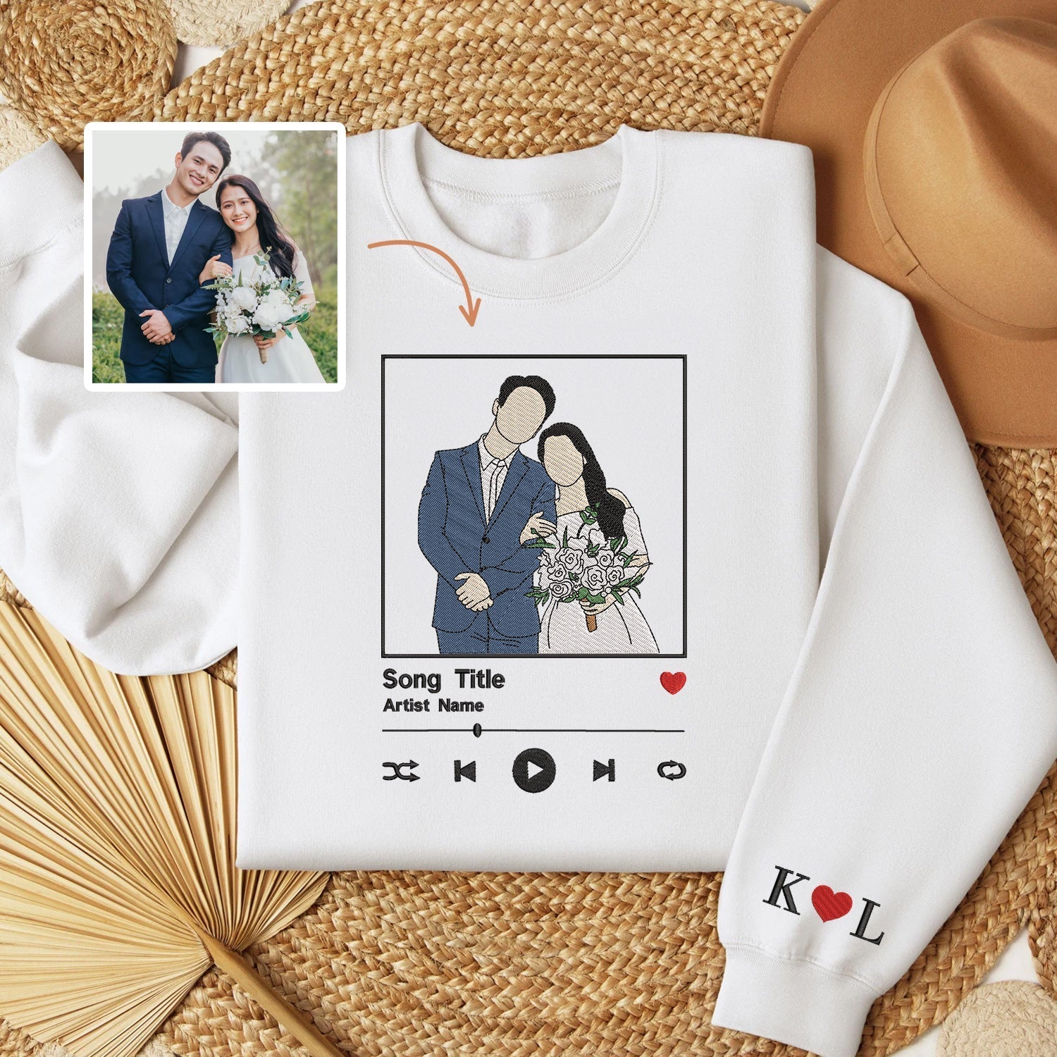 Benutzerdefiniertes besticktes Songalbum-Cover-Sweatshirt, benutzerdefiniertes besticktes Portrait vom Foto-Sweatshirt, Paarportrait 