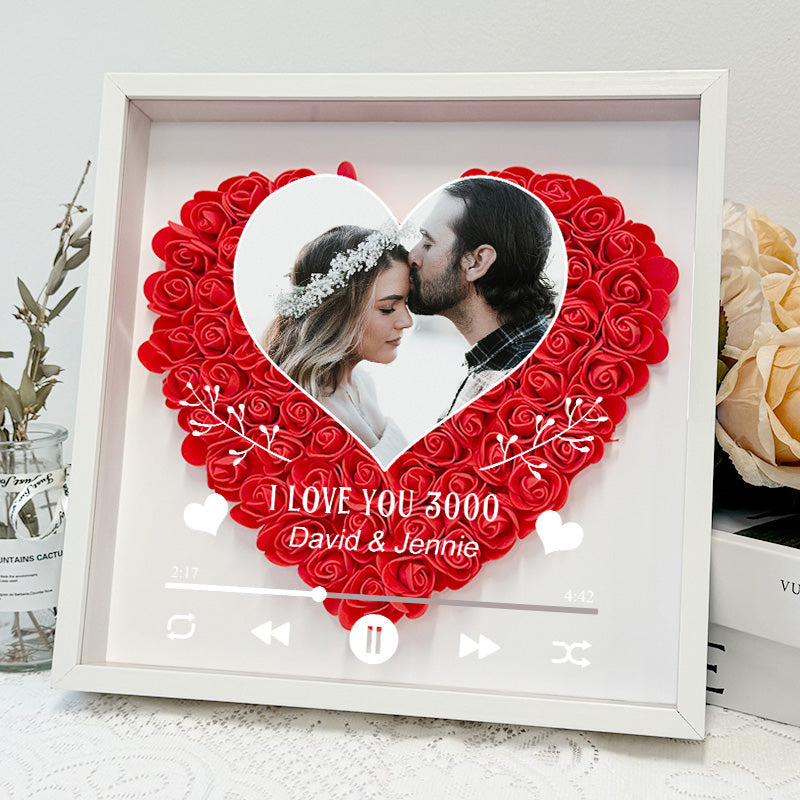 Boîte à ombre personnalisée avec photo "I Love You 3000" et fleurs