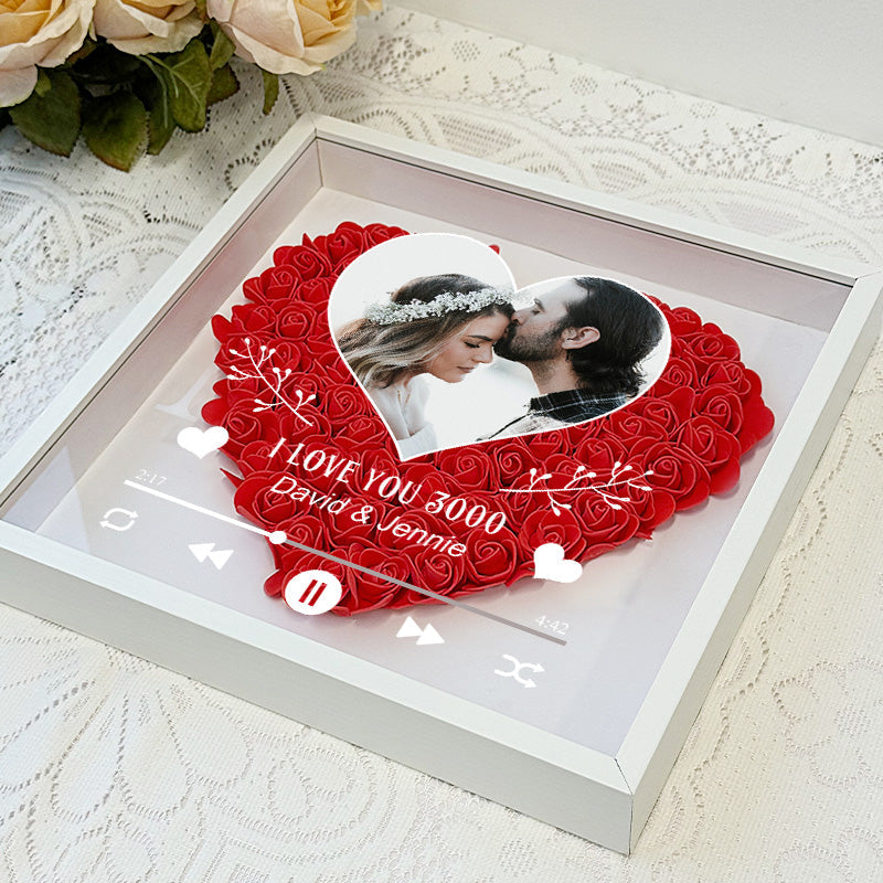 Caja de sombra con flores personalizada "I Love You 3000" con foto