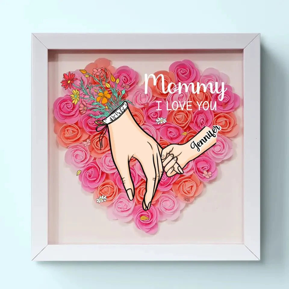 Nous t'aimons Maman Main dans la main - Boîte d'ombre personnalisée avec fleurs - Cadeau de la fête des mères