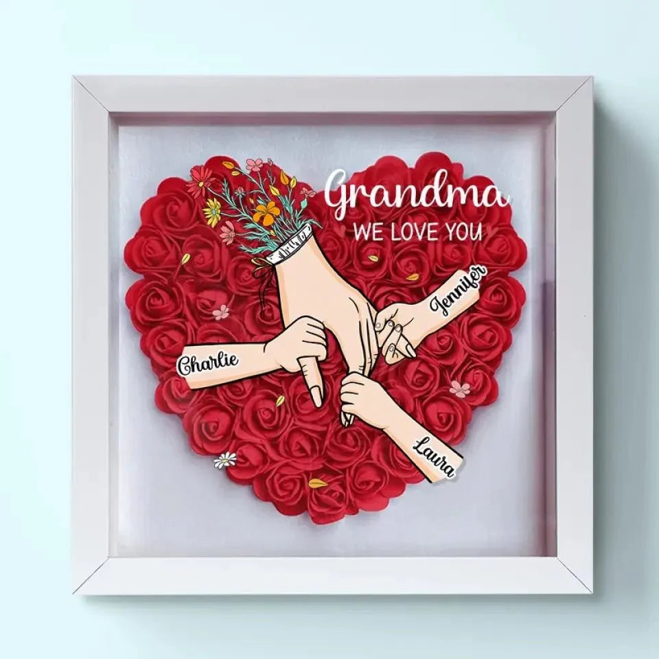 Nous t'aimons Maman Main dans la main - Boîte d'ombre personnalisée avec fleurs - Cadeau de la fête des mères
