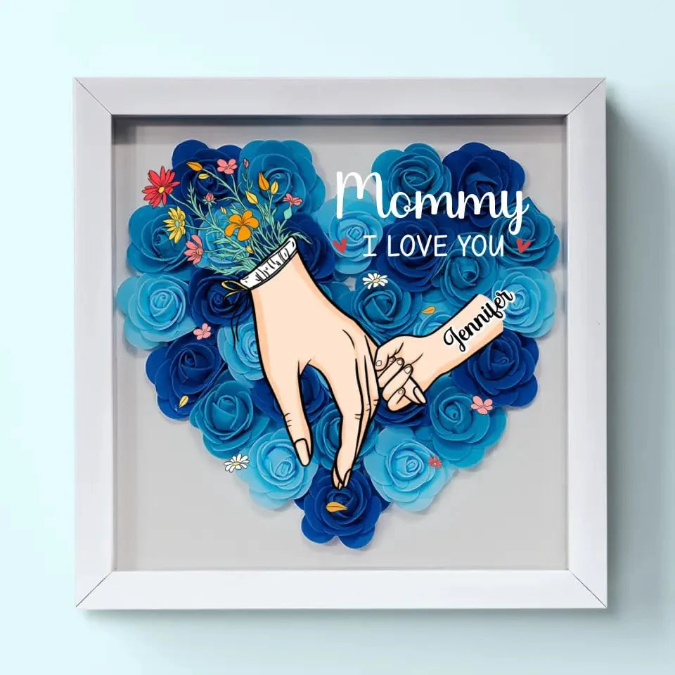 Nous t'aimons Maman Main dans la main - Boîte d'ombre personnalisée avec fleurs - Cadeau de la fête des mères