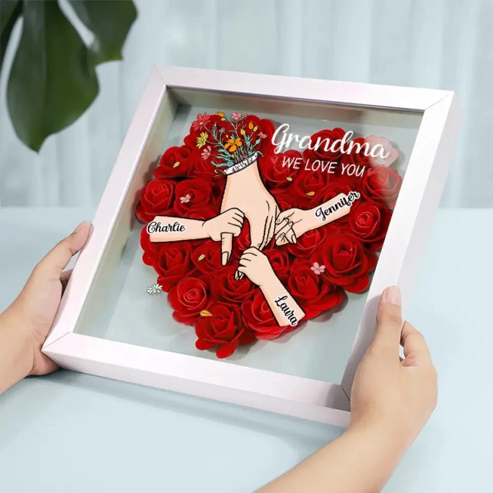 Nous t'aimons Maman Main dans la main - Boîte d'ombre personnalisée avec fleurs - Cadeau de la fête des mères