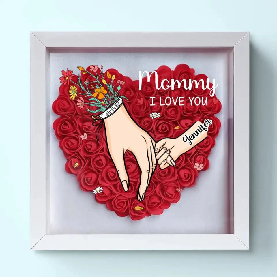 Nous t'aimons Maman Main dans la main - Boîte d'ombre personnalisée avec fleurs - Cadeau de la fête des mères