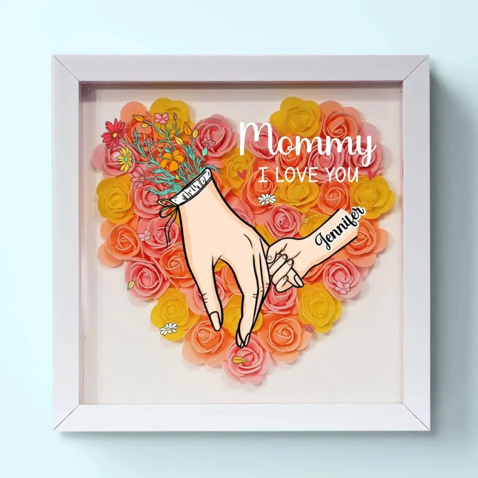 Nous t'aimons Maman Main dans la main - Boîte d'ombre personnalisée avec fleurs - Cadeau de la fête des mères