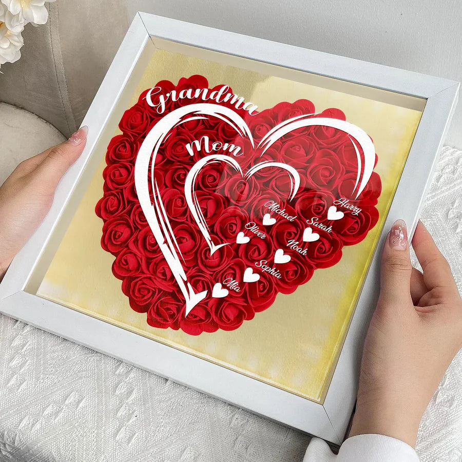 Mom Grandma Hearts Custom Kids' Names - Personalized Flower Shadow Box With LED Light