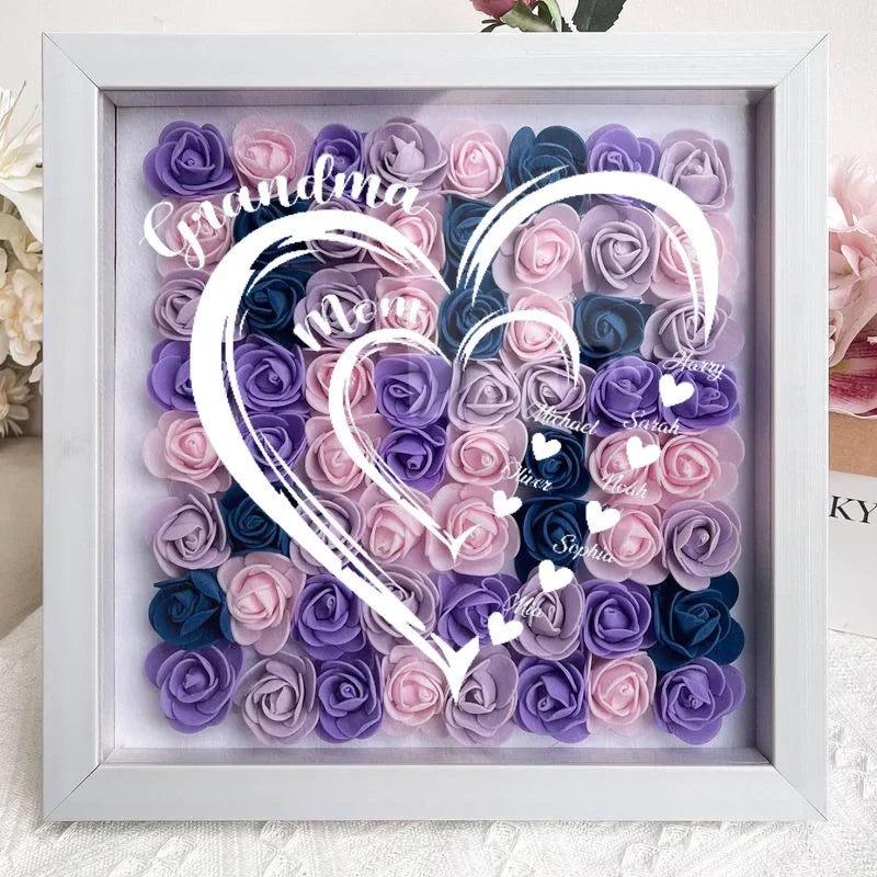 Mom Grandma Hearts Custom Kids' Names - Personalized Flower Shadow Box With LED Light