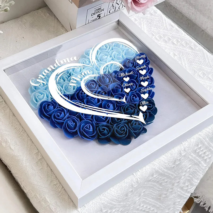Mom Grandma Hearts Custom Kids' Names - Personalized Flower Shadow Box With LED Light