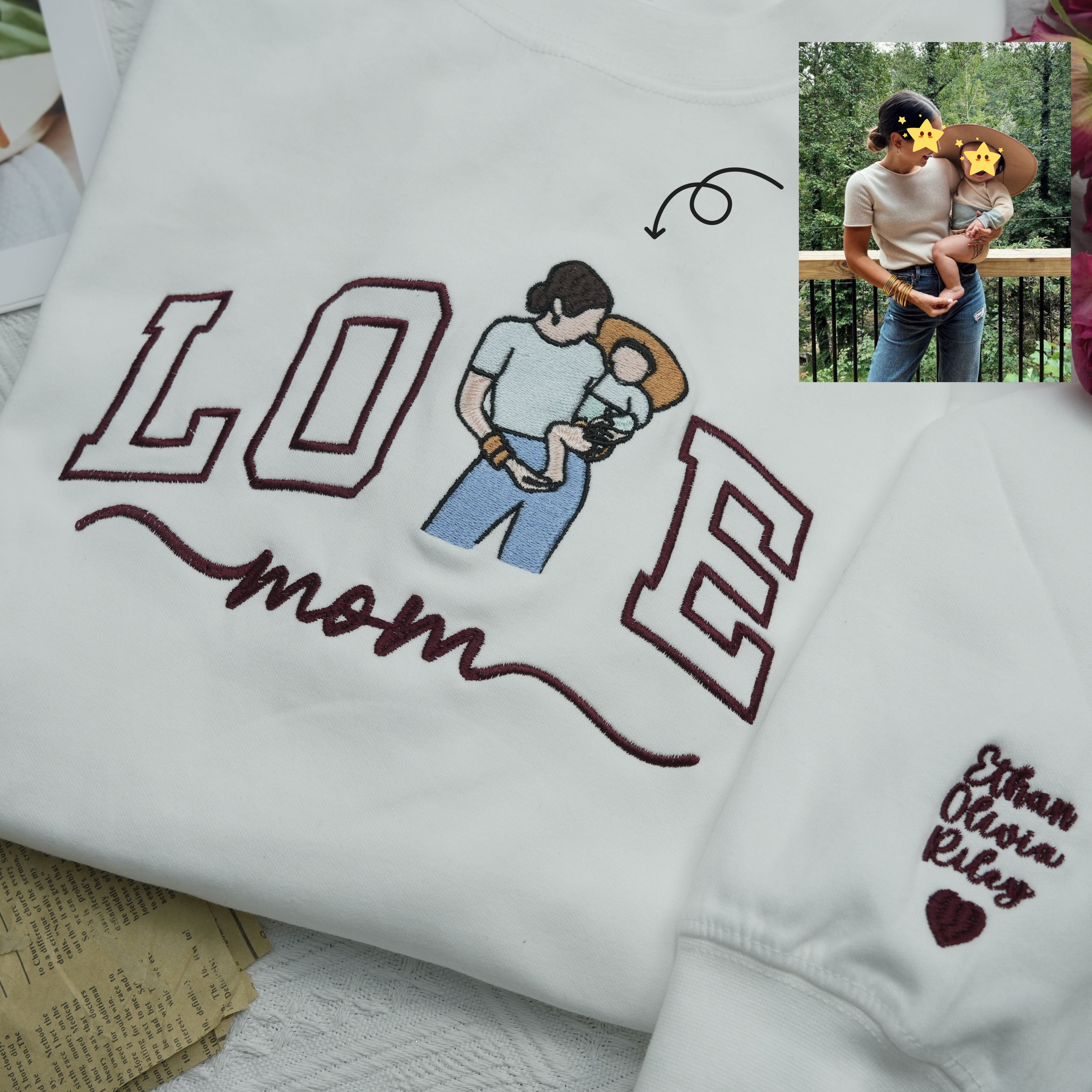 Benutzerdefiniertes besticktes Fotoportrait für Mama Love Sweatshirt