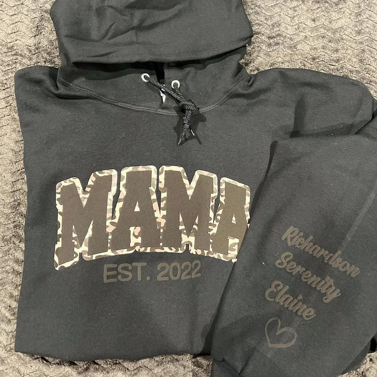 Sweatshirt/hoodie personnalisé Mama Leopard Puff Print avec le nom de l'enfant sur la manche
