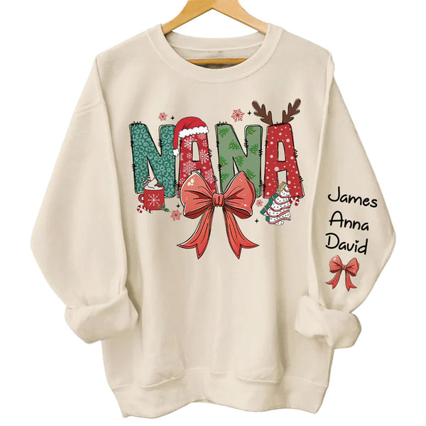 Personalized Christmas Nana Coquette Shirt, Custom Mama Claus Christmas Tree Cake Coquette Bow Candy Cane Santa Hot Cocoa Sweatshirt