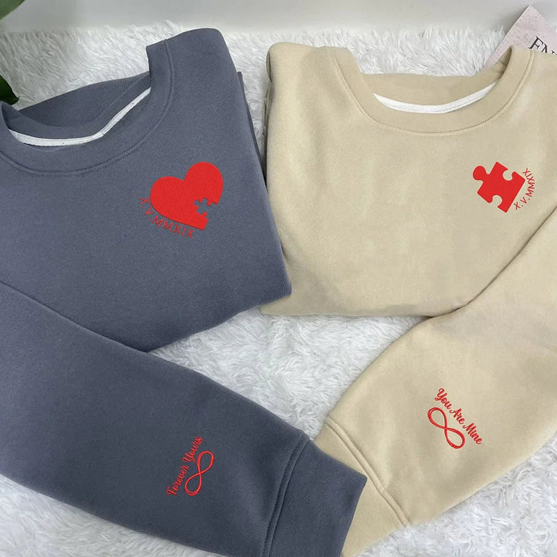 Sweat-shirt brodé personnalisé cœur et couple puzzle