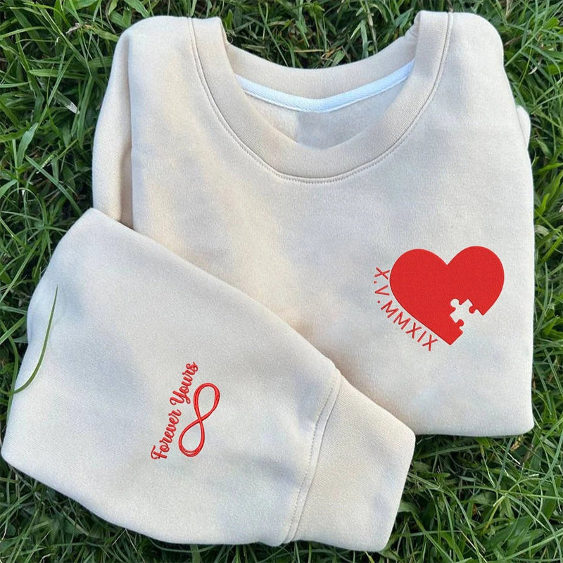 Sweat-shirt brodé personnalisé cœur et couple puzzle